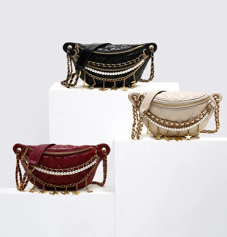 Small Bag Women New Fashion Korean Versatile Messenger Bag Pearl Chain Waist Bag Gold Letter Tassel Chest Bag Nightclub Bag