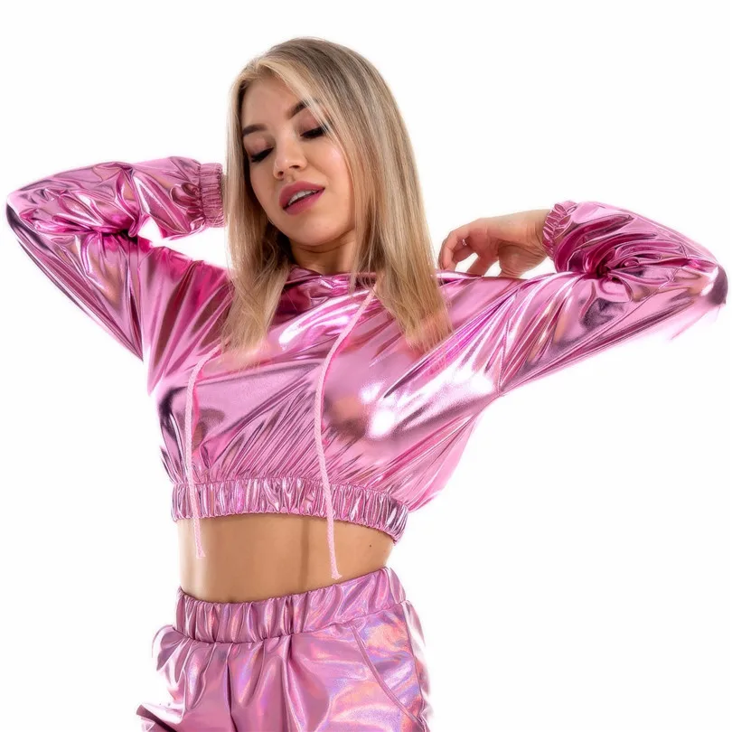 

CUHAKCI Shiny Short Hooded Casual Pullovers Women Sweatshirt And Hoody Ladies Girls Long Sleeve Spring Autumn Tops