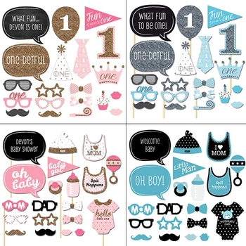 

20pcs Boy Girl One Year Photo Booth Props Funny Birthday PhotoBooth Props Decor for Celebrating Birthday Party Decoration