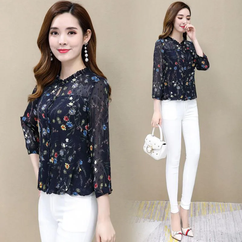  Women Spring Summer Style Chiffon Blouses Shirts Lady Casual Flower Printed Patchwork O-Neck Blusas