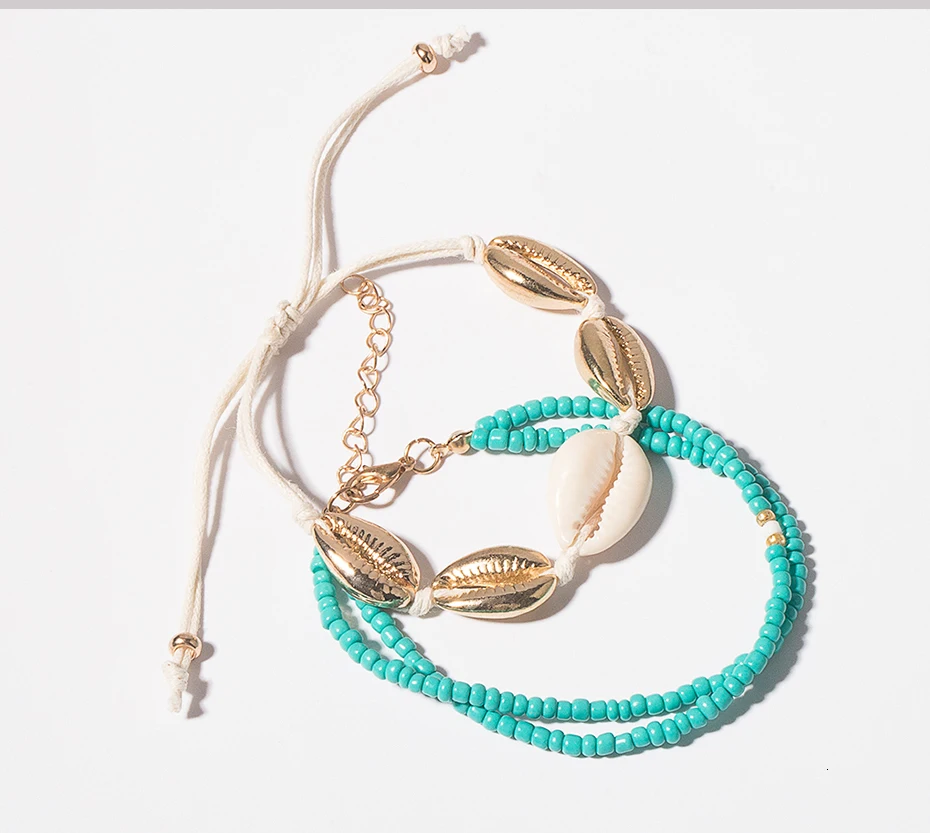 SHIXIN Charms Sea Shell Bracelets Set Bohemian Green Beads Bracelet for Women Summer Seashell Hand Chain Jewelry Female Gifts