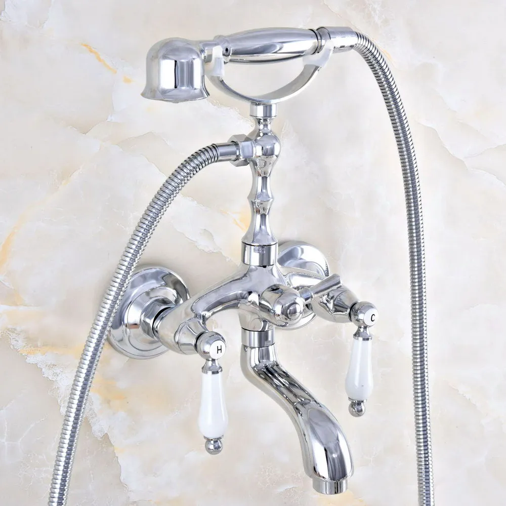 

Polished Chrome Brass Wall Mounted Bathroom Tub Faucet Set WITH/ 1.5M Handheld Shower Spray Head Mixer Tap Dtf851