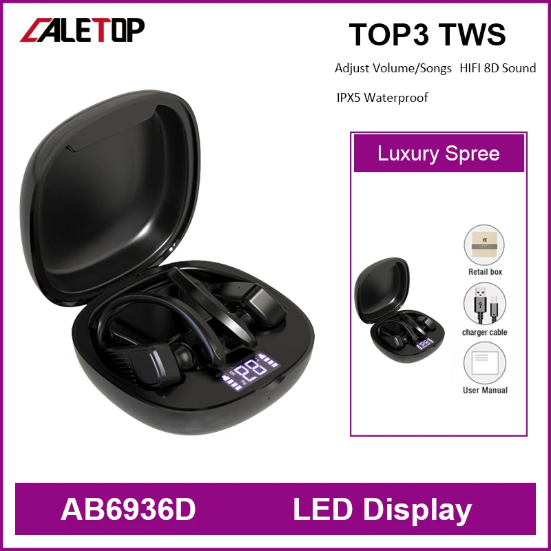 TOP 3 Black TWS Caletop, супер бас, беспроводные наушники для бега, TWS, спортивные Bluetooth гарнитуры с ушным крюком, беспроводные наушники для зарядки, PK B10 - Цвет: TOP 3 Black TWS