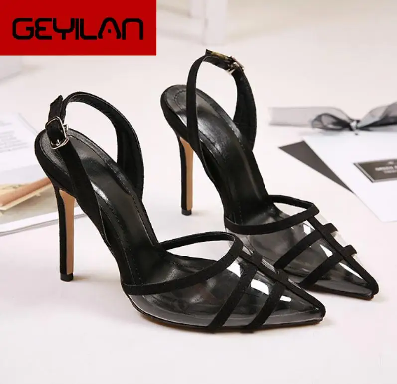 

Pointed Toe Transparent Women's Sandals 2020 Summer New Super High Heels Shallow Sexy Stitching Casual Ladies Shoes