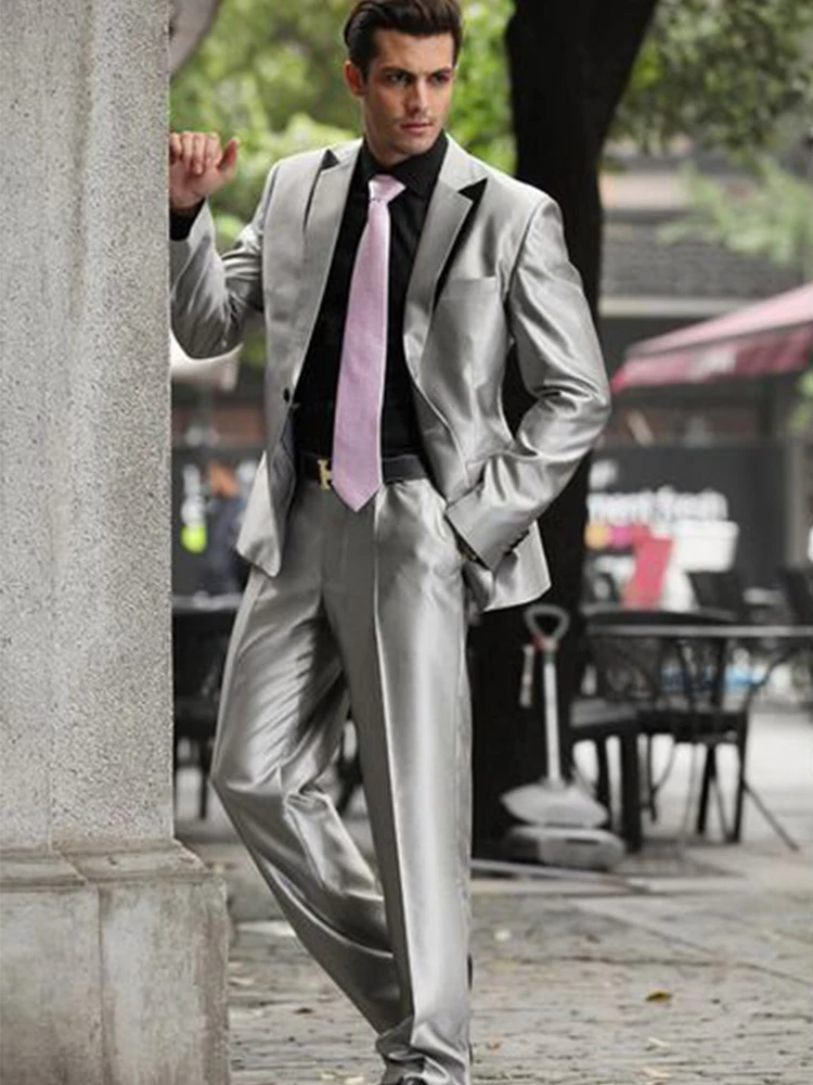 

AntonioRicci Grey Satin 2 Piece Men Suits Set Latest Coat Pant Designs Groom Wedding Tuxedo High Quality Satin Suits With Pants