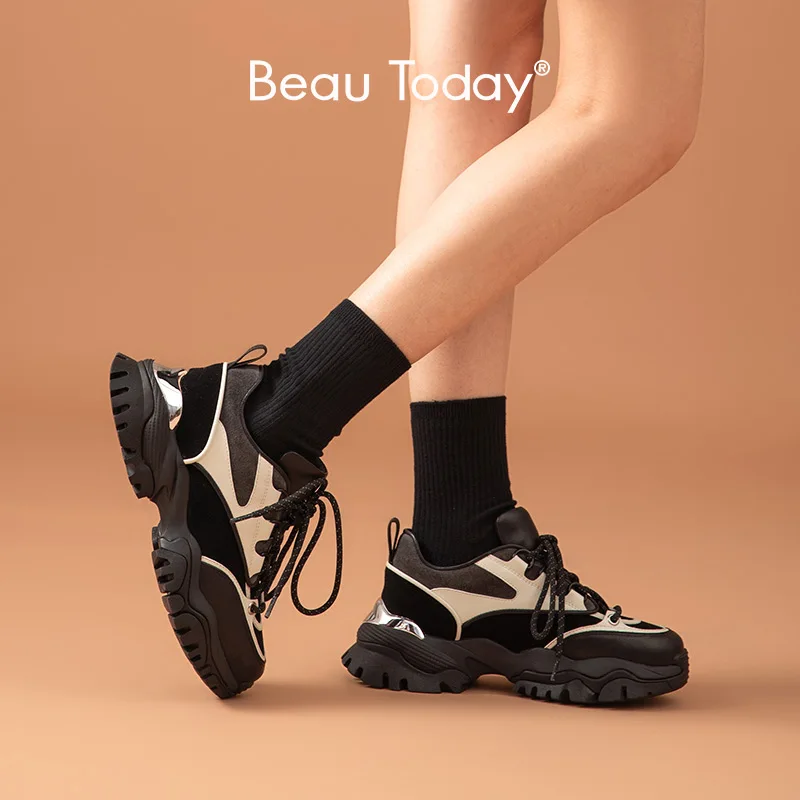 

BeauToday Chunky Sneakers Women Leather Trainers Patchwork Round Toe Lace Up Lady Platform Shoes Handmade 29395