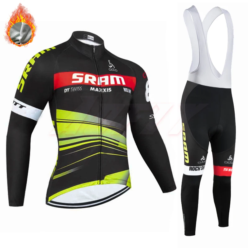 Fleece white strap Новинка, зимняя команда SRAM pro, велосипедная Джерси, Ropa Ciclismo, термальная флисовая одежда для велоспорта, Майо, нижняя часть, 9D подкладка, тонкие велосипедные штаны, костюм - Цвет: Fleece white strap