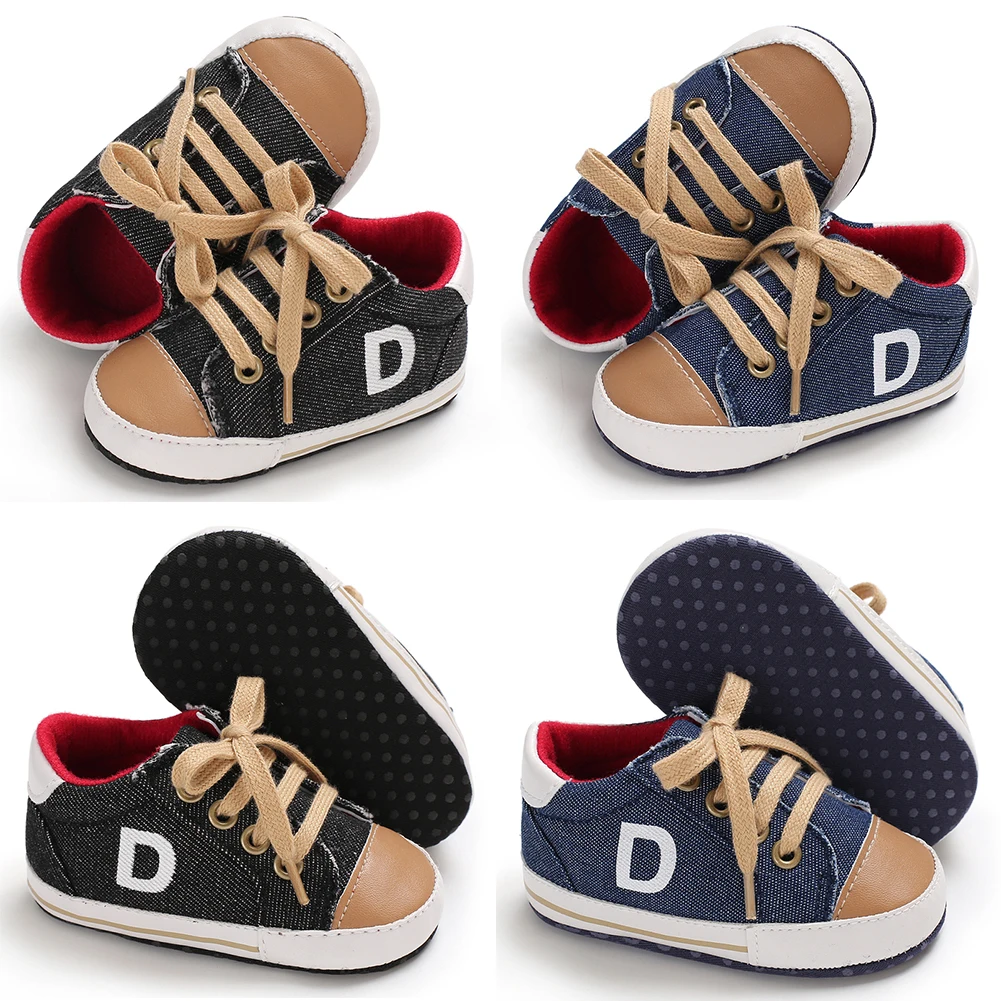 Новая Брендовая обувь для новорожденных мальчиков и девочек с мягкой подошвой теплые ботинки Нескользящие кроссовки с буквенным принтом для первых шагов 0-18 месяцев