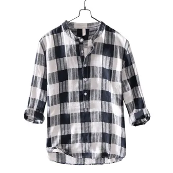 

Spring autumn new Cotton linen five sleeve shirt men's Plaid HK style shirt men's casual stand collar Linen Shirt loose tops