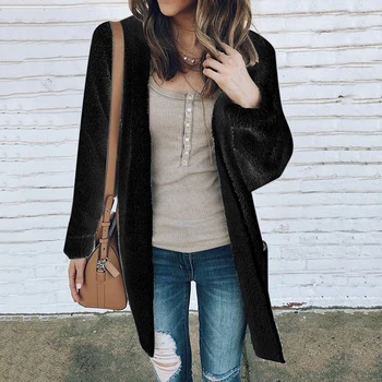 

2020 Winter Long Coats Women Casual Pocket Fluffy Warm Cardigan Ladies Fashion Solid Color Thicken Warm Plush Coats