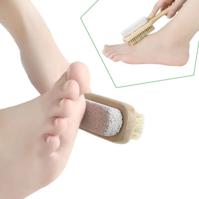

2In1 Foot Natural Bristle Brush Pumice Stone Wooden Handle Exfoliator Pedicure Calluses Remover Smooth Dry Skin Scrubber Massage