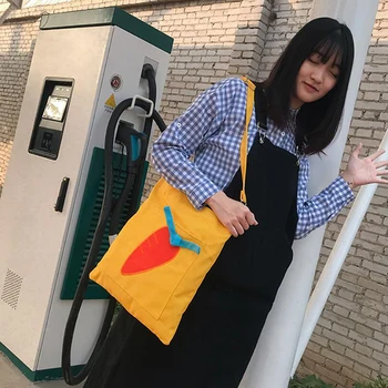 

Canvas Cloth Bag Beauty Carrot Pattern Eco Shopping Bag For Woman Preppy Style Single Shoulder Black Yellow School Book Bag