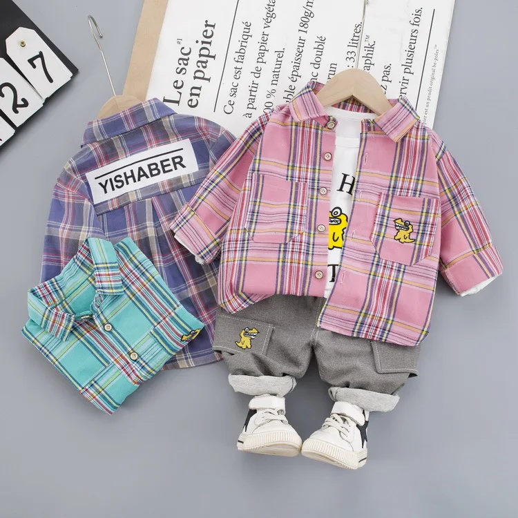 

CHILDREN'S Suit 2020 Children Baby Spring And Autumn Korean-style BOY'S Striped Letters Dinosaur Lapel Shirt Three-piece Set