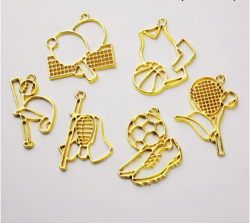 

GLADZGT NEW 10 pcs/lot Football tennis series Metal Frame Pendant Gold Charm Bezel Setting Cabochon Setting UV Resin Charms