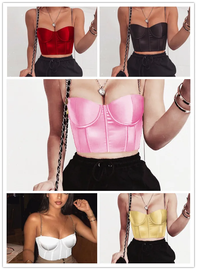 

Summer Crop Top Women Sexy Bustier Top Blackless Chain Strap Padded Cropped Casual Satin Black Crop Tops Clothes 2022