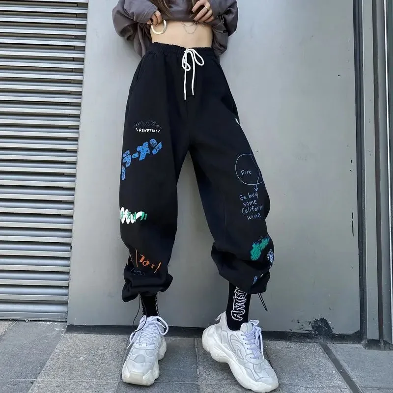 Pantalones holgados con patrón de moda para mujer, joggers de cintura alta,  pantalón informal de pierna ancha para mujer, pantalones de Hip Hop de  calle alta|Pantalones y pantalones capri| - AliExpress