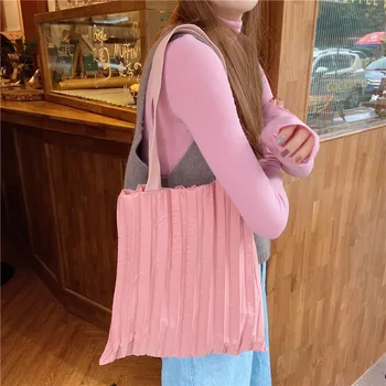 

High Capacity Pleated Solid Color Canvas Tote Bag Shopping Bags Ladys Fashion Life Casual Hander Bag Reusable Shoulder Bags