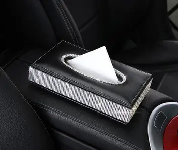 

Lady Crystal Rhinestones Car Tissue Box PU Leather With Diamond Towel Case Napkin Storage Boxes Anti Slip Mats Padding