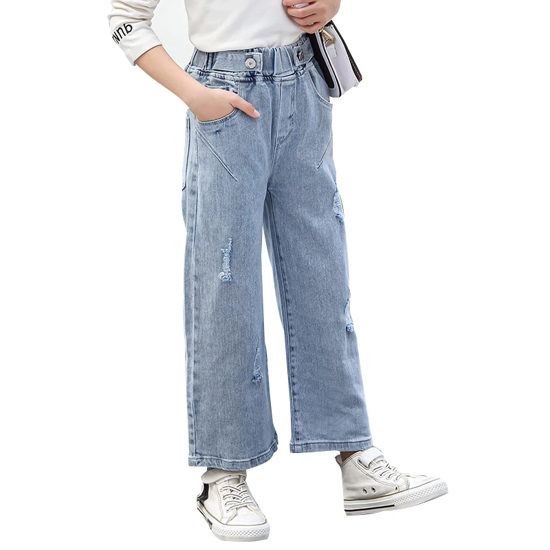 Tiener Meisjes Jeans Fashion Gaten Wijde Pijpen Broek Voor Tiener 8 10 12  Jaar 2022 Nieuwe Lente Herfst Kinderen Outfit|Jeans| - AliExpress