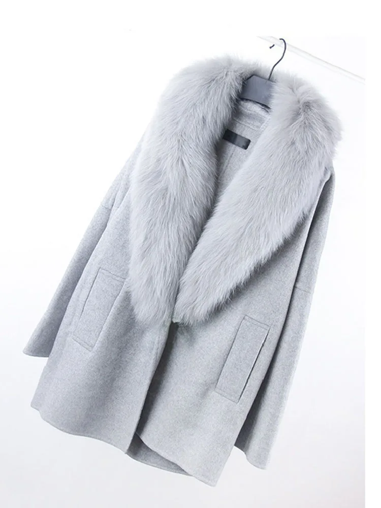 Модное женское пальто из искусственной шерсти с животным мехом, теплое свободное шерстяное пальто большого размера, толстая длинная куртка