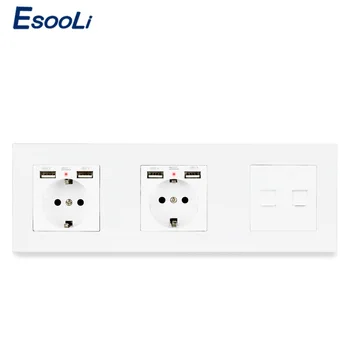 

ESOOLI Plastic Panel Double EU Standard Socket + 4 USB Charging Port Computer Connector With Internet Computer Data RJ45 CAT5E