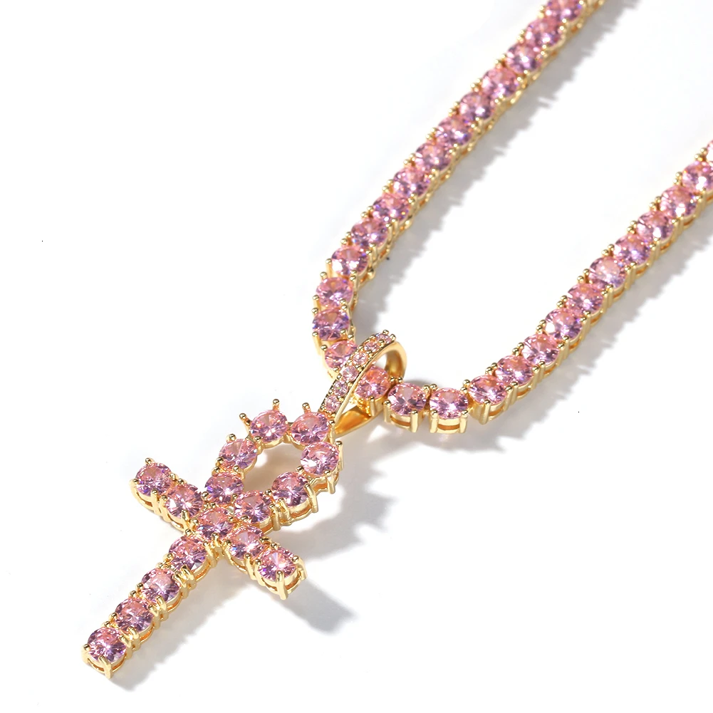 Uwin розовый детский голубой CZ теннисная цепь с Ankh крест кулон 4 мм кубический цирконий золото серебро ожерелье Мода хип хоп ювелирные изделия - Окраска металла: Gold pink