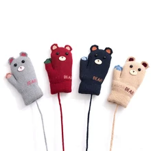 Новое поступление детские перчатки для девочек мальчиков зимние теплые вязаные перчатки веревка полный палец Детские Носки с рисунком медведя из мультика 4 цвета варежки с вытяжным шнуром
