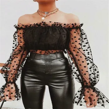 

Newly Women Sheer Lace Off Shoulder T-Shirt Tops Ladies Polka Dots Casual Party T-Shirts Puff Sleeve Short Tops Black