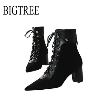 

BIGTREE NEW 2020 Autumn Winter Ankle Boots 6.5CM Square Heels Cross-tied Women Sexy Square head Chelsea Boots Party Shoes Woman