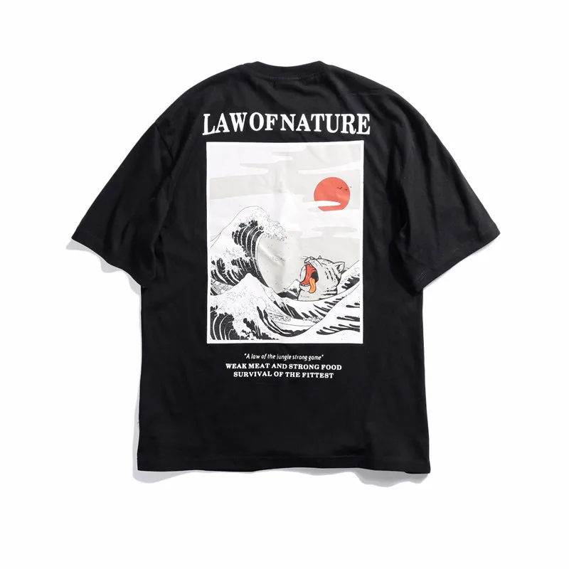 black tshirt Law of Nature Harajuku, японская забавная футболка с изображением кота, Мужская футболка в стиле хип-хоп, хлопковые повседневные футболки, мужские топы - Цвет: black tshirt