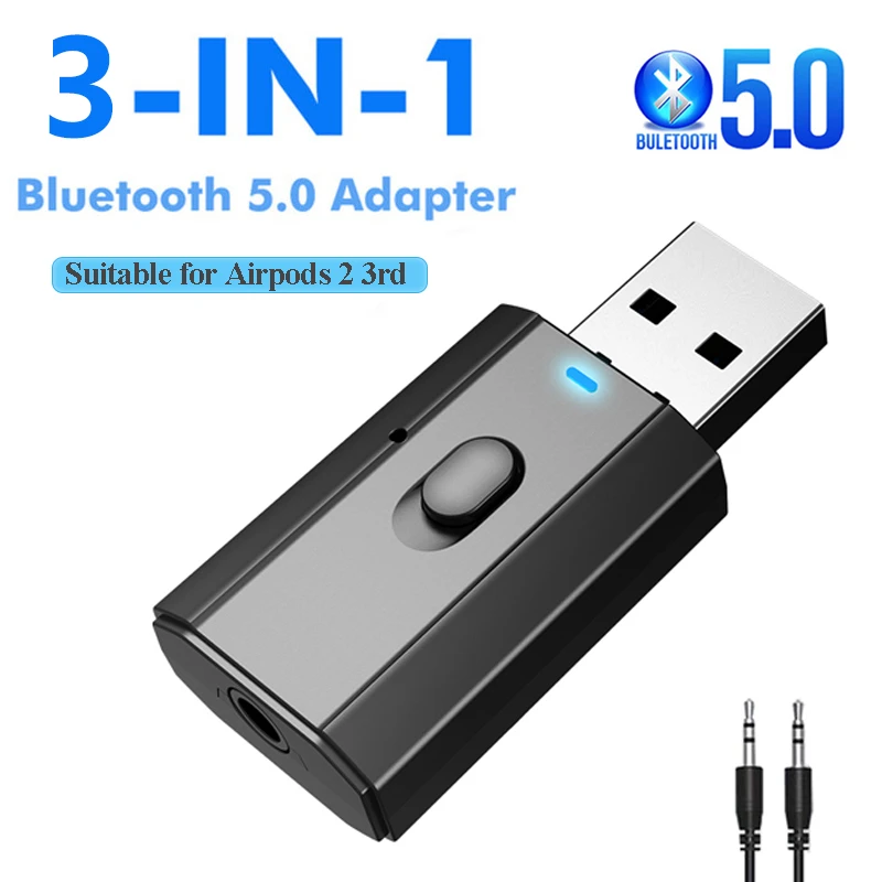 USB Bluetooth 5.0 Transmitter Receiver Wireless Audio Adapter Dongle 3.5mm AUX Jack & Mic Handsfree Call for TV PC Game Car