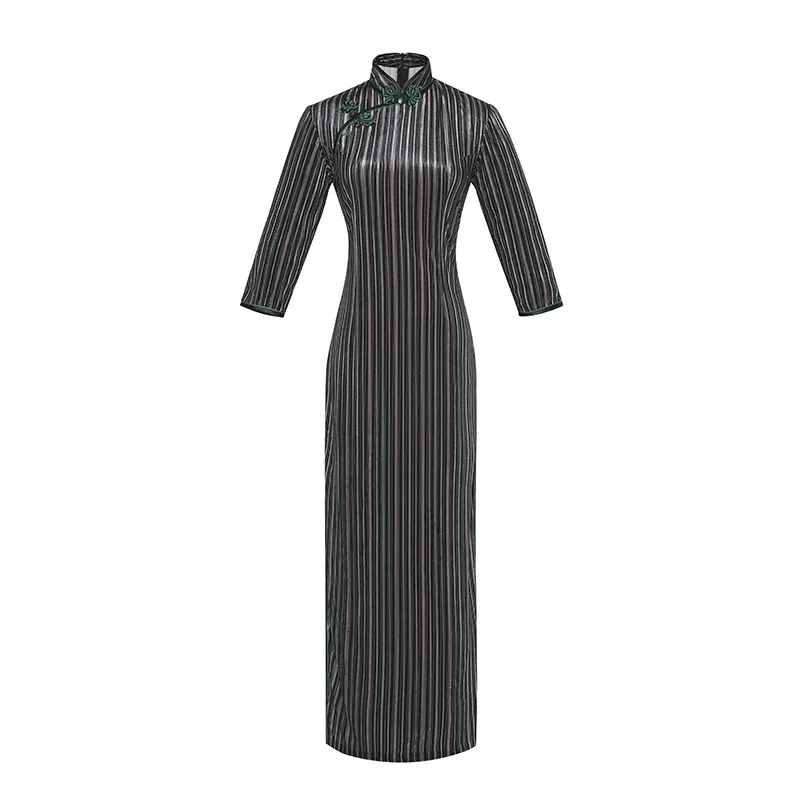 Женское велюровое длинное платье Cheongsam в китайском стиле с воротником-стойкой, весеннее приталенное платье Qipao для вечеринок, женское платье на пуговицах, Vestido M-3XL