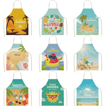 

FYMX Summer View Kitchen Apron Sea Coconut Tree Pineapple Sun Starfish Printed Pattern Apron Women Cooking Baking