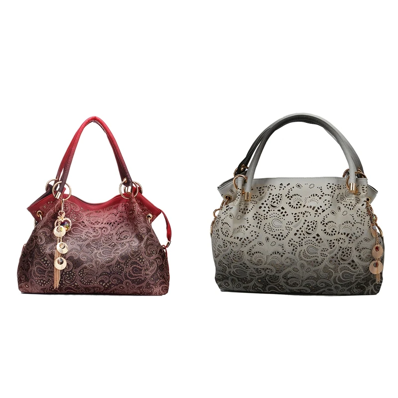 

2Pcs Women Handbag Leather Hollow Out Bags Color Gradient Tassel Bag Ladies Portable Shoulder Bag- Red & Gray