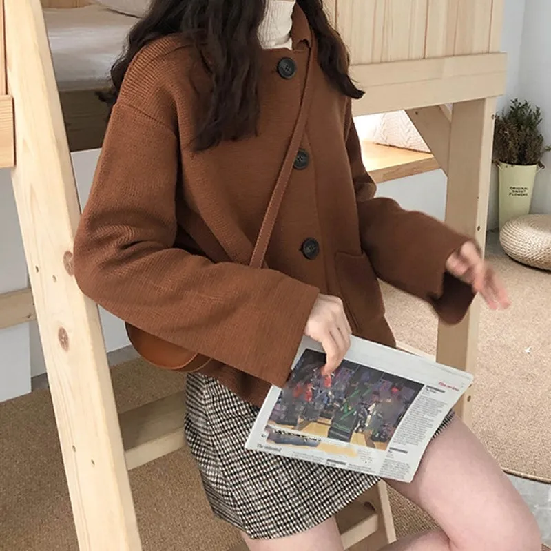 

2019 Autumn Winter Casual Solid Single Breasted Sweater Loose Pockets Turn-Down Collar Cardigans Knitted Plus Size Sweater