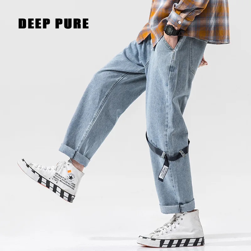 

men jeans Streetwear full length Wide leg Harem Pants Washed Denim Decorative belt