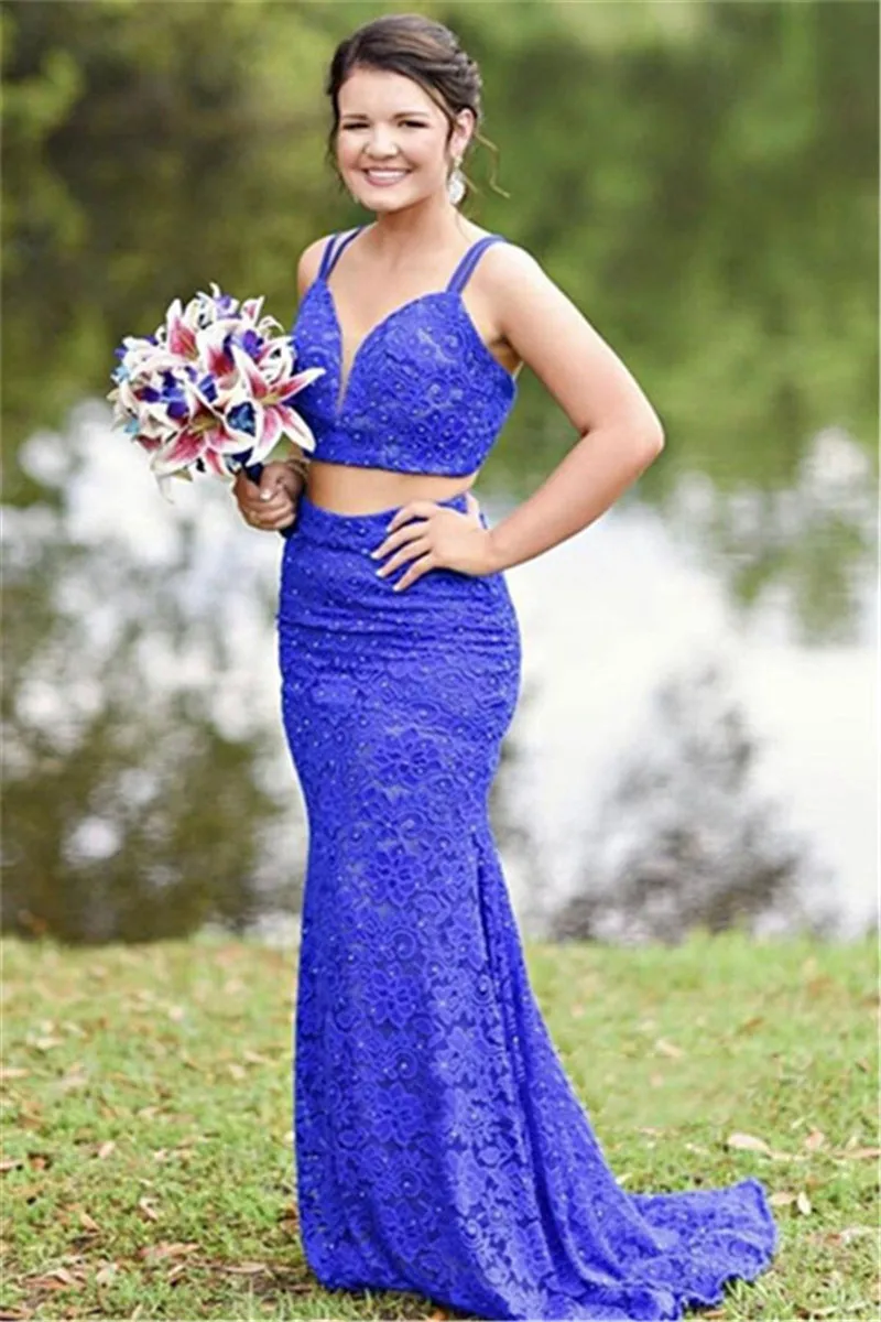 Sevintage vestido de fiesta, 2 предмета, кружевное, с кристаллами, длинное платье для выпускного вечера, Mermai, с открытой спиной, Королевский синий цвет, вечерние платья - Цвет: Picture Color