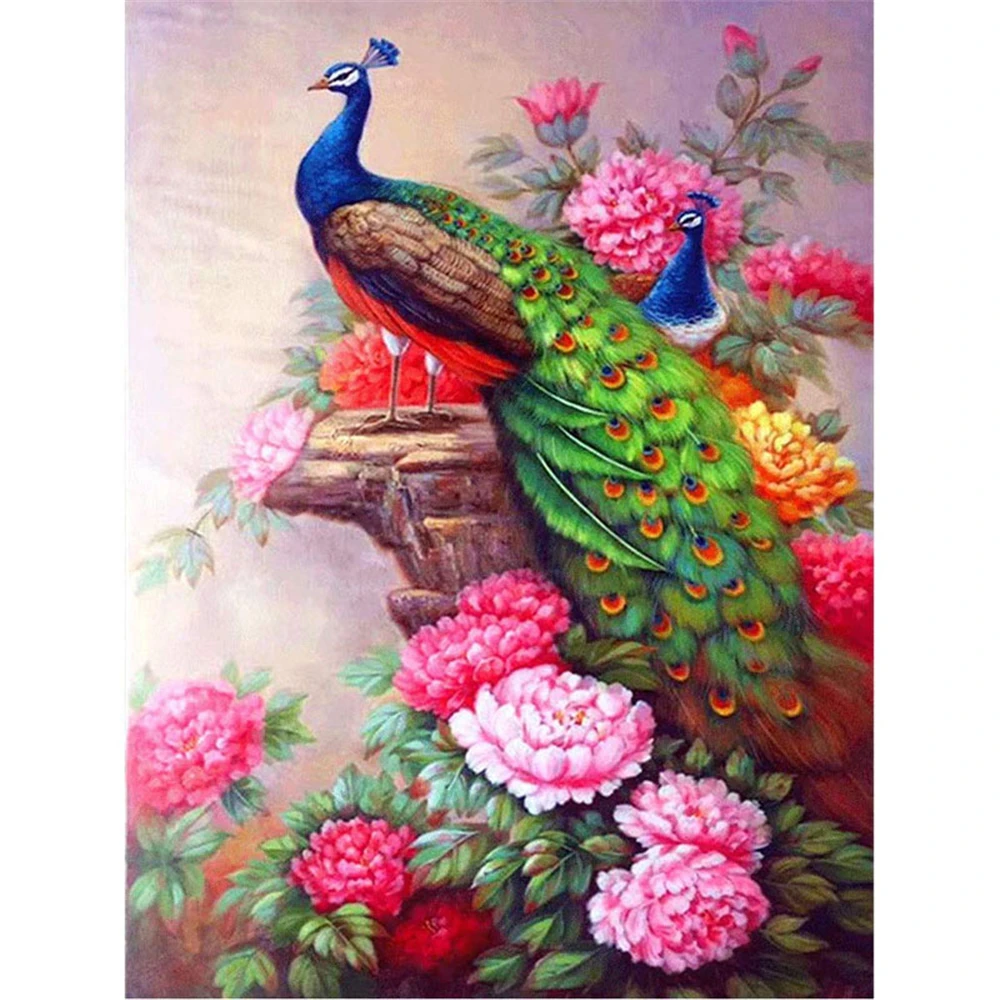 HOM 11CT Peacock Flower Full Cross Stitch Printed Embroidery Kit Needlework Hom #Cr 