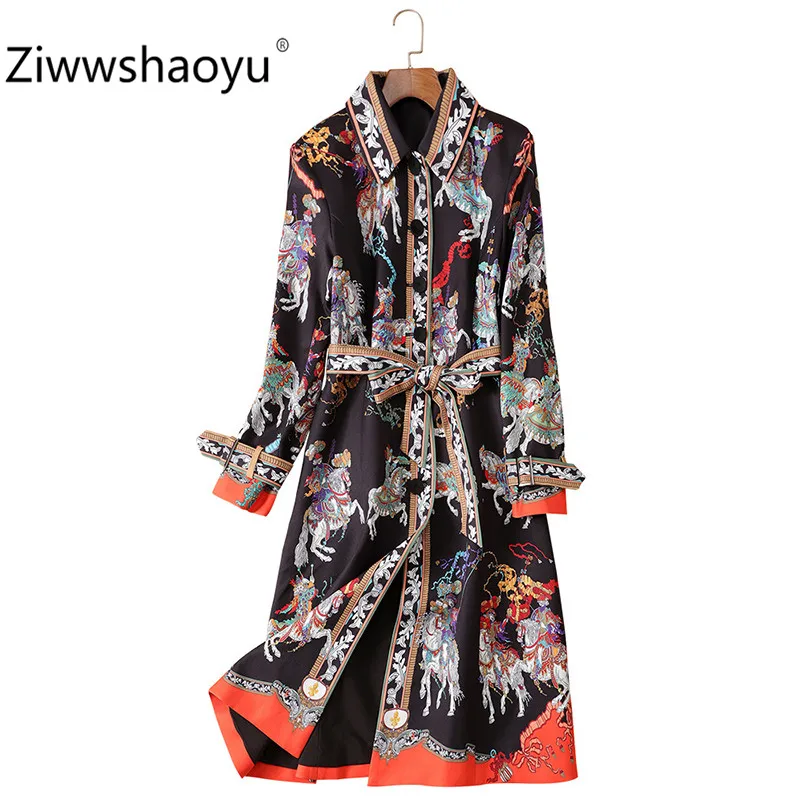 Ziwwshaoyu/Новинка года; осенне-зимнее Брендовое пальто; Верхняя одежда для женщин; длинный однобортный Тренч с длинными рукавами в винтажном стиле с принтом