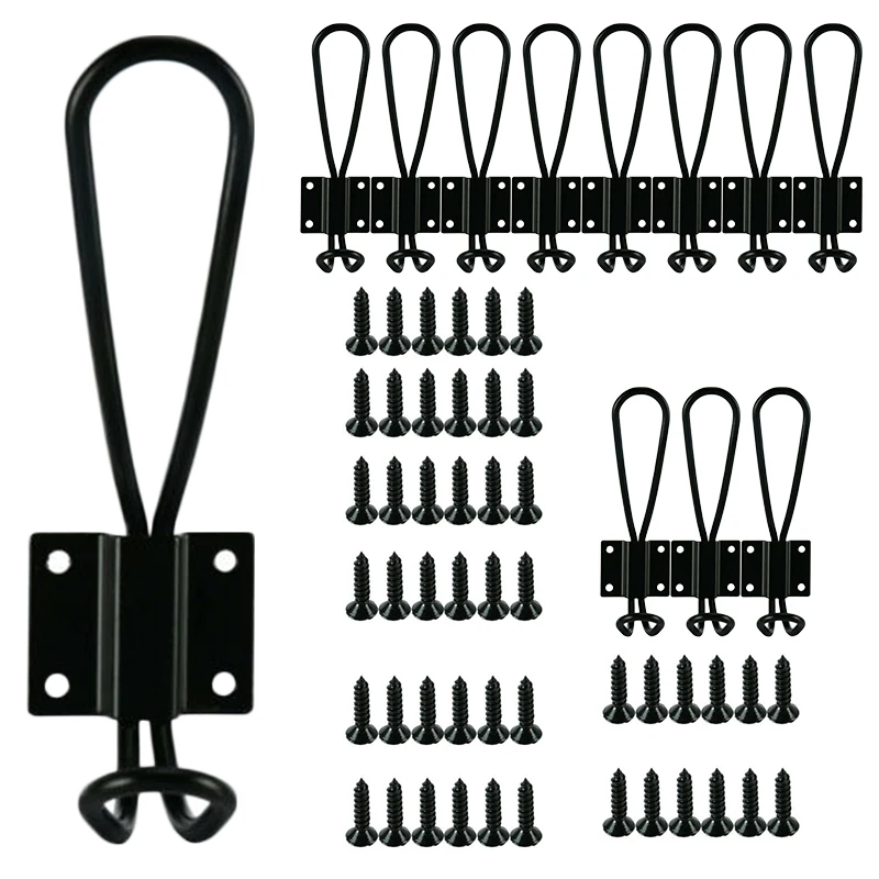 12PCS Iron Black Hooks Wall Mounted Rustic Double Coat Hangers With 48PCS Screws Jackets, Hats, Necklaces, Jewelry, Keys
