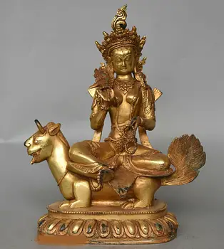 

wedding decoration Old Tibet Buddhism Bronze Gilt GuanYin Kwan-yin Buddha Ride Lion Beast Statue