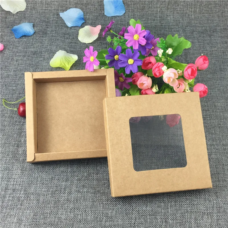 

40Pcs/Lot Handmade Vintage Style Kraft Paper Sunroof Box With Visible Transparent PVC Square 12.5x12.5x2.5cm For Moon Cake Gifts