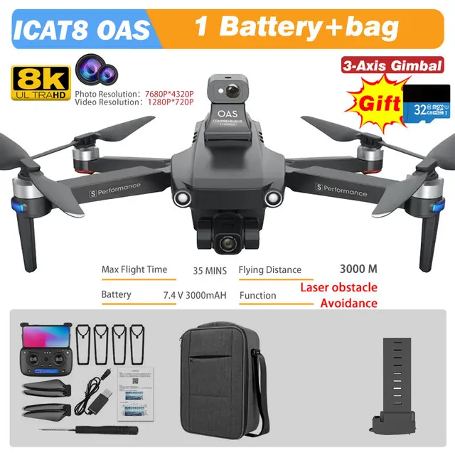MFM 3-Axis EIS Camera Drone GPS 8K 35min 360° Obstacle Avoidance Professional 5G FPV 1.5Km Long Distance Brushless Icat8 Dron 4K OAS 8K 1B Bag BL TF