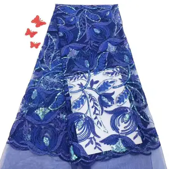 

Embroidery Royal Blue Lace Fabrics High Quality African Lace with Sequins French Tulle Mesh Lace Fabric for Wedding Dress
