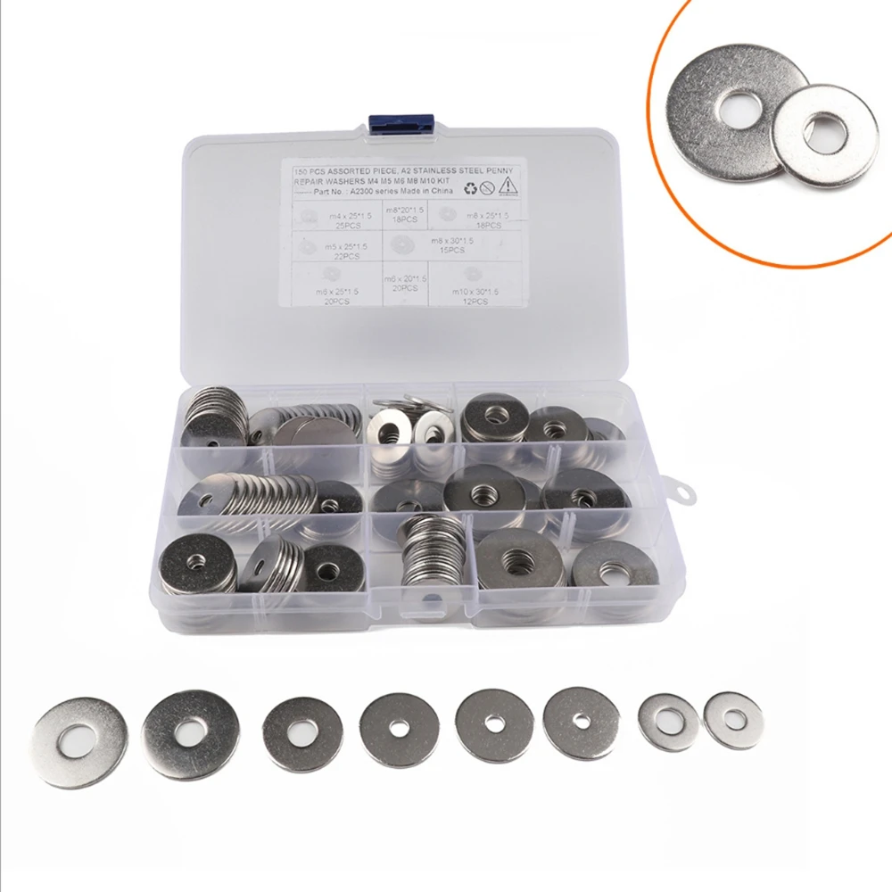 

Full Set Gaskets 150PC Flat Washers - Stainless Steel 304 / 8 Sizes Of Enlarged Flat Washers A2-70 / C Grade Extra Large Washers