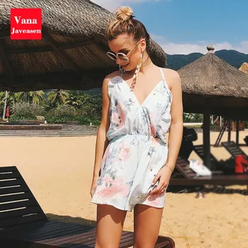 

Beach Jumpsuit Summer Flowers Print Women Playsuit Female Sexy Spaghetti Strap Chiffon Ruffles Shorts Romper Mono Mujer Verano