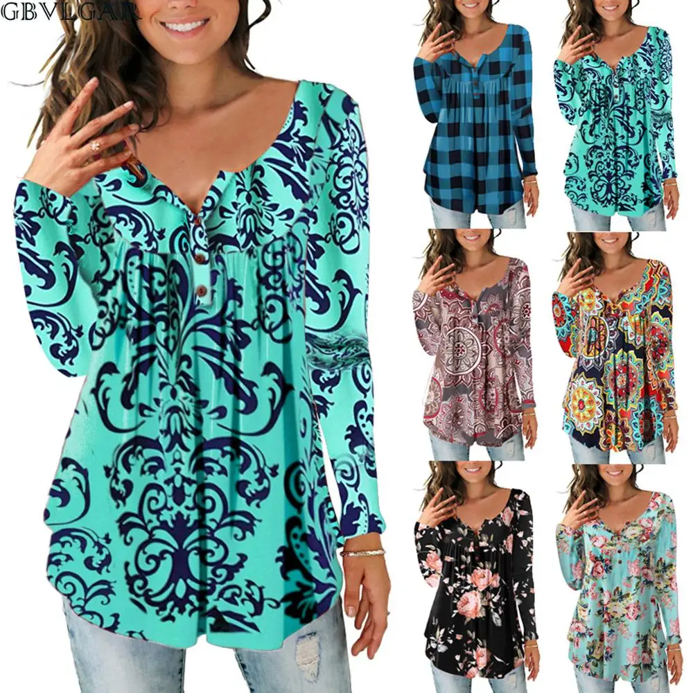 

2020 Autumn Winter Long Sleeve Floral Print O Neck T Shirt and Tops with Button Women Loose Tunic Shirt Big Size Lady Clothing