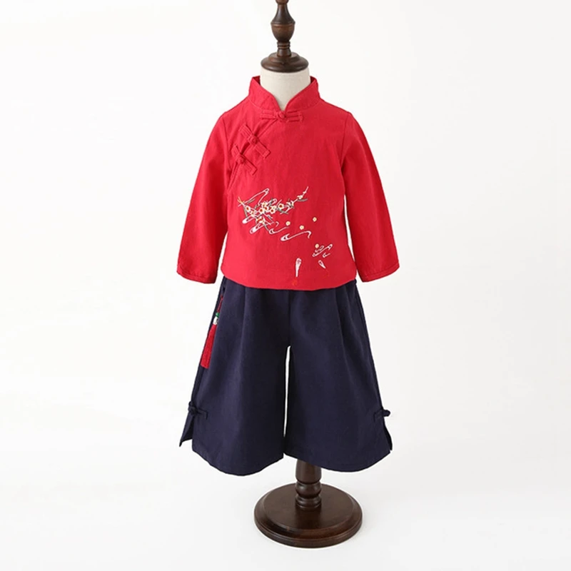 Однотонная детская одежда с вышивкой в национальном стиле; рубашка Hanfu; свободные штаны для девочек; одежда для детей; костюм для девочек в стиле Тан - Цвет: pink