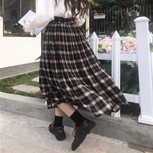 Плиссированная юбка в клетку для старой школы, Длинная женская осенняя юбка с эластичной резинкой на талии, Kawaii, длинная юбка для девочек, Jupe Longue Falda Larga Gonne