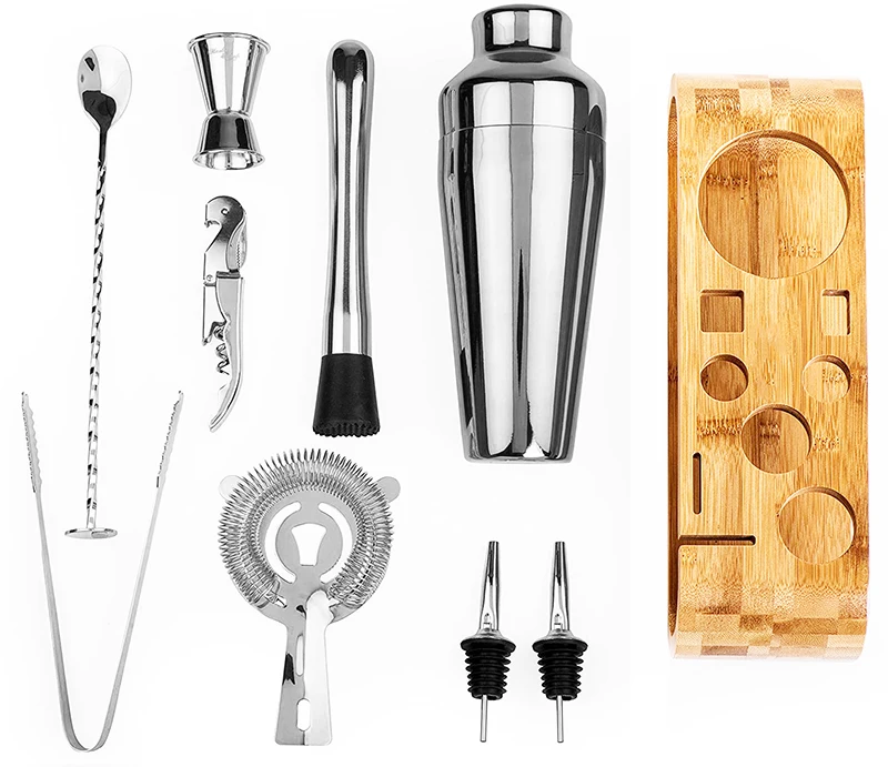 Wooden Stand Stainless Steel Bartender Kit Bar Accessories Cocktail Shaker  - China Wholesale Bartender Kit Bar Tools and High Quality Professional  Bartender Kit price